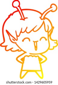 warm gradient line drawing of a cartoon alien girl laughing