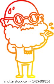 warme Farbverlauf-Linie Zeichnung eines Cartoons besorgt Mann mit Bart und Brille