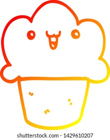warme Farbverlauf-Linie Zeichnung eines Cartoon Cupcake mit Gesicht