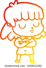 warm gradient line drawing of a cartoon indifferent woman folding arms