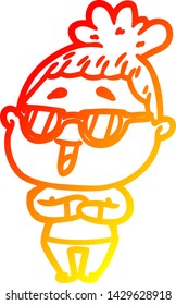 warm gradient line drawing of a cartoon happy woman wearing spectacles