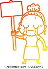 warm gradient line drawing of a cartoon old woman crying while protesting