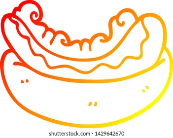 dibujo de línea de degradado cálido de un hotdog de caricatura en un bollo