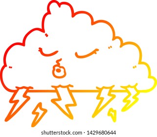 dibujo de línea de degradado cálido de un thundercloud de dibujos animados