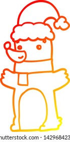 dibujo de línea de degradado cálido de un oso de dibujos animados con sombrero de navidad