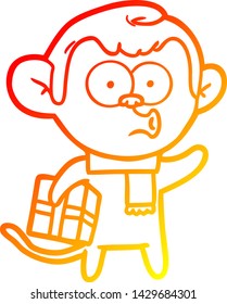 warm gradient line drawing of a cartoon christmas monkey
