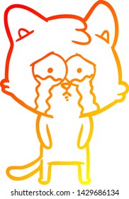 warm gradient line drawing of a cartoon crying cat