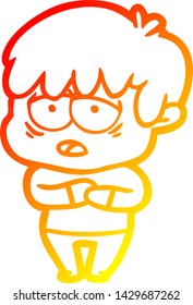 warm gradient line drawing of a cartoon exhausted boy