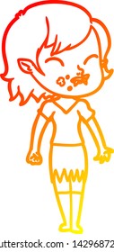 warm gradient line drawing of a cartoon vampire girl with blood on cheek