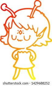 warm gradient line drawing of a cartoon alien girl