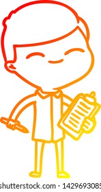 warm gradient line drawing of a cartoon smiling man with clip board