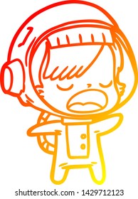warm gradient line drawing of a cartoon talking astronaut woman