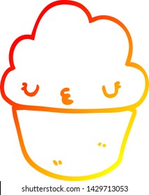 warm gradient line drawing of a cartoon cupcake with face