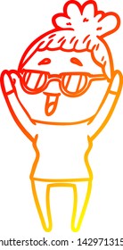 warm gradient line drawing of a cartoon happy woman wearing spectacles