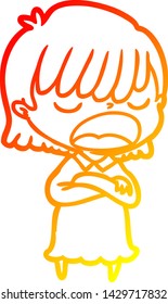 warm gradient line drawing of a cartoon woman talking loudly