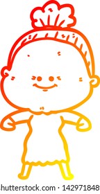 warm gradient line drawing of a cartoon happy old woman