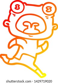 warm gradient line drawing of a cartoon weird alien running away