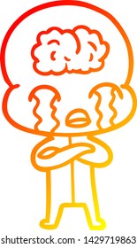 dibujo de línea de gradiente cálido de una caricatura de un gran extraterrestre cerebral llorando