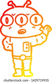 warm gradient line drawing of a cartoon three eyed alien