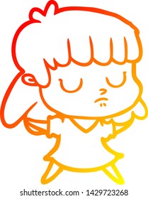 warm gradient line drawing of a cartoon indifferent woman