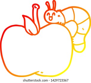 dibujo de línea de degradado cálido de una manzana de dibujos animados y de un insecto