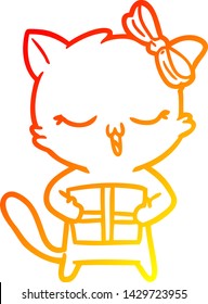dibujo de línea de degradado cálido de una chica de dibujos animados con regalo de navidad