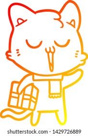 warm gradient line drawing of a cartoon cat with gift