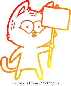 dibujo de línea de degradado cálido de un gato de dibujos animados con un cartel