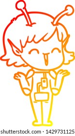 warm gradient line drawing of a cartoon alien girl laughing