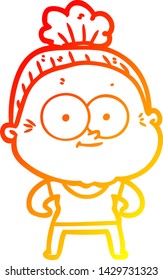warm gradient line drawing of a cartoon happy old woman