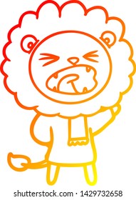 warm gradient line drawing of a cartoon lion in winter clothes