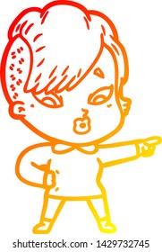 desenho de linha gradiente quente de um desenho animado menina surpreendida apontando