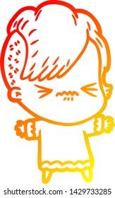 warm gradient line drawing of a cartoon annoyed hipster girl