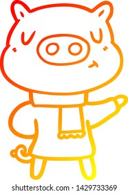 warm gradient line drawing of a cartoon content pig in winter attire