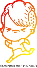 dibujo de línea de gradiente cálido de una hipster fastidiada de dibujos animados