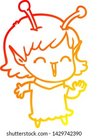 warm gradient line drawing of a cartoon alien girl laughing