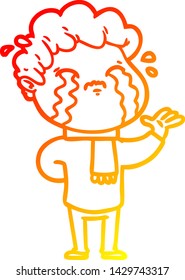 dibujo de línea de degradado cálido de un hombre de dibujos animados llorando