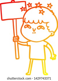 warm gradient line drawing of a cartoon amazed boy