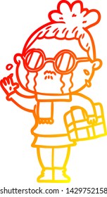 warm gradient line drawing of a cartoon crying woman wearing spectacles