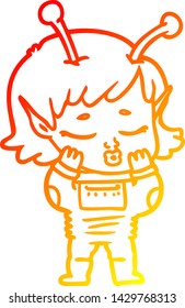 warm gradient line drawing of a cartoon alien girl
