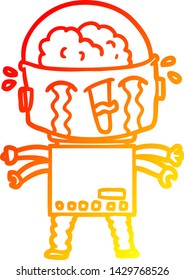 warm gradient line drawing of a cartoon crying robot