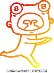 warm gradient line drawing of a cartoon weird alien running away
