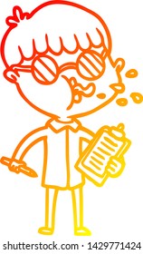 warm gradient line drawing of a cartoon boy wearing spectacles with clip board