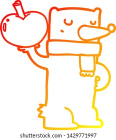 warm gradient line drawing of a cartoon bear with apple