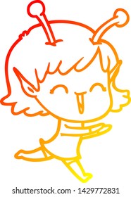 warm gradient line drawing of a cartoon alien girl laughing