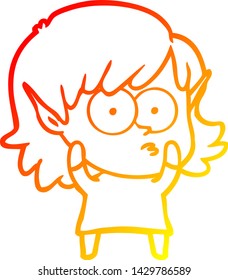 warm gradient line drawing of a cartoon elf girl staring
