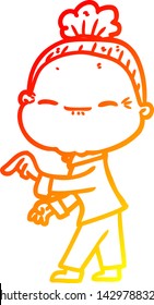 warm gradient line drawing of a cartoon peaceful old woman