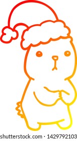 warm gradient line drawing of a cartoon christmas bear worrying