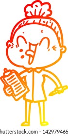 warm gradient line drawing of a cartoon happy old woman