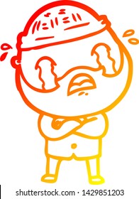 dibujo de línea de gradiente cálido de un hombre barbudo de dibujos animados llorando